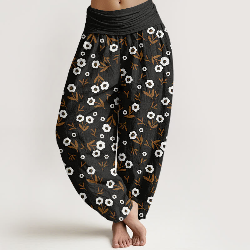 Pantalones bombachos de mujer con cintura elástica, estampado sencillo de flores y hojas, de algodón con Buddha Stones. - Negro - US22，UK/AU26，EU54 (6XL) - image 7