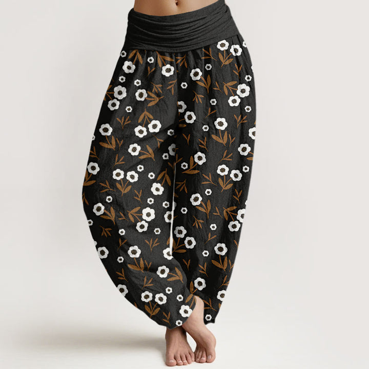 Pantalones bombachos de mujer con cintura elástica, estampado sencillo de flores y hojas, de algodón con Buddha Stones. - Negro - US22，UK/AU26，EU54 (6XL) - image 7