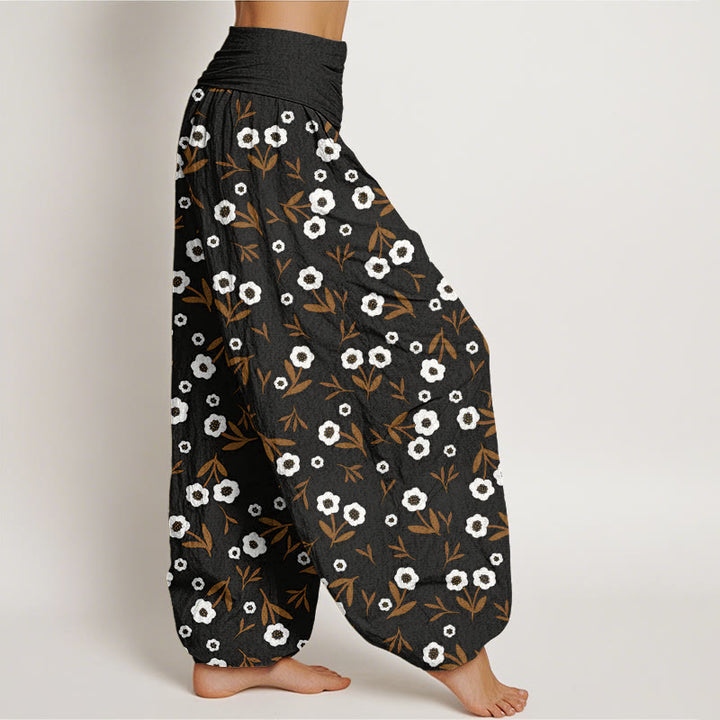 Pantalones bombachos de mujer con cintura elástica, estampado sencillo de flores y hojas, de algodón con Buddha Stones. - image 8
