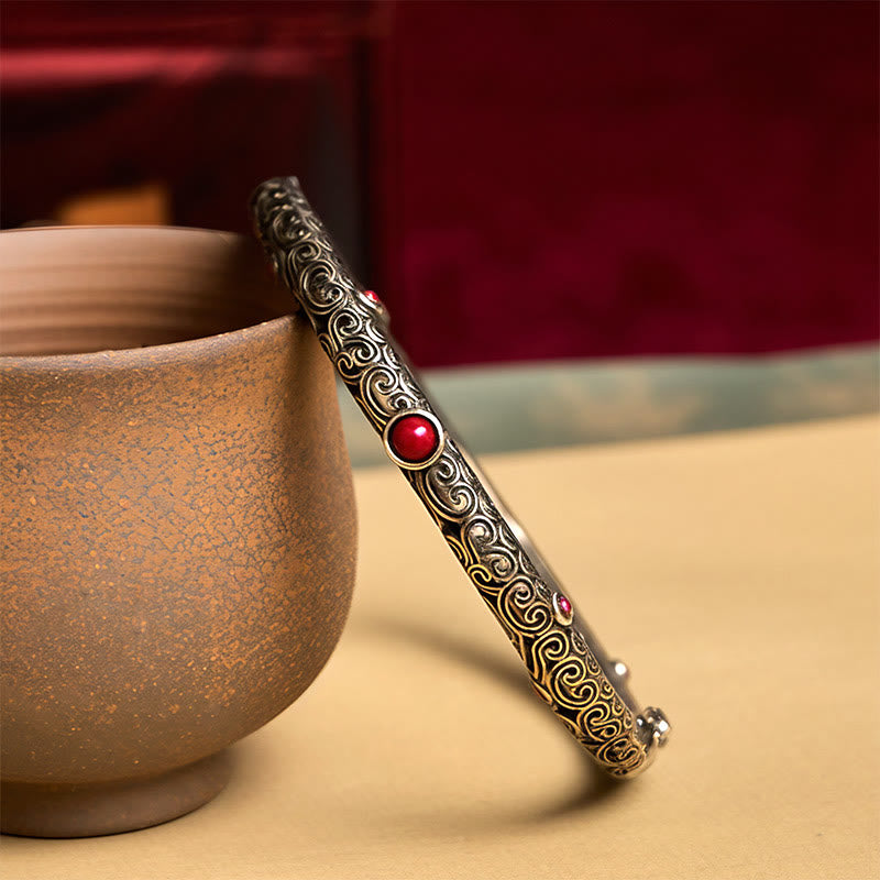 Brazalete de pulsera de la suerte de cobre con ágata roja grabada con diseño de flor de la dinastía Tang Vintage