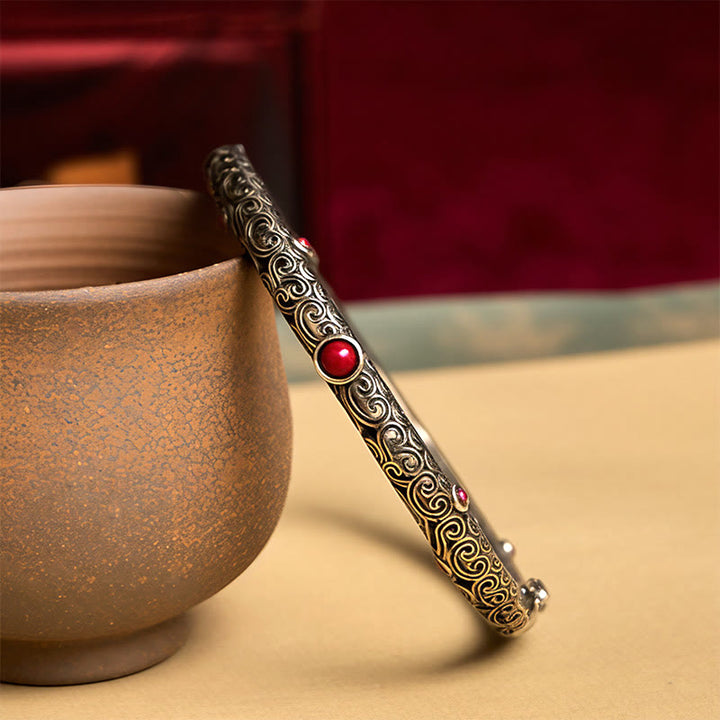 Brazalete de pulsera de la suerte de cobre con ágata roja grabada con diseño de flor de la dinastía Tang Vintage