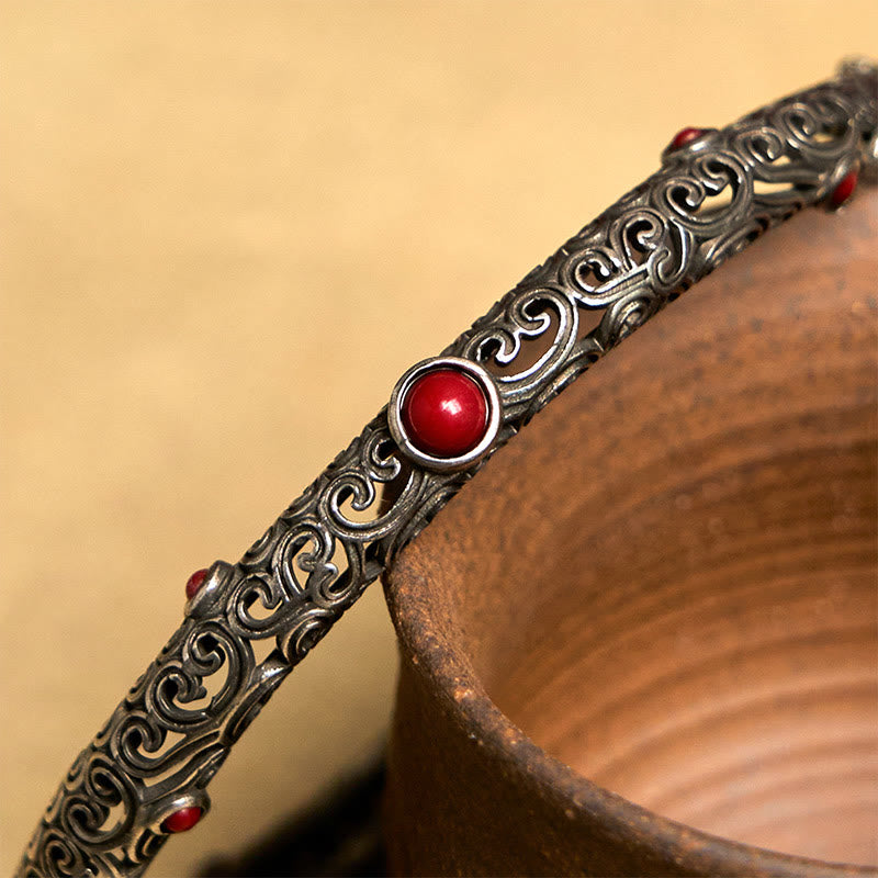 Brazalete de pulsera de la suerte de cobre con ágata roja grabada con diseño de flor de la dinastía Tang Vintage