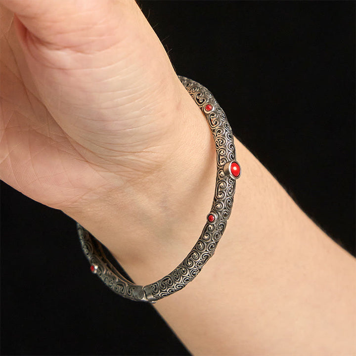 Brazalete de pulsera de la suerte de cobre con ágata roja grabada con diseño de flor de la dinastía Tang Vintage