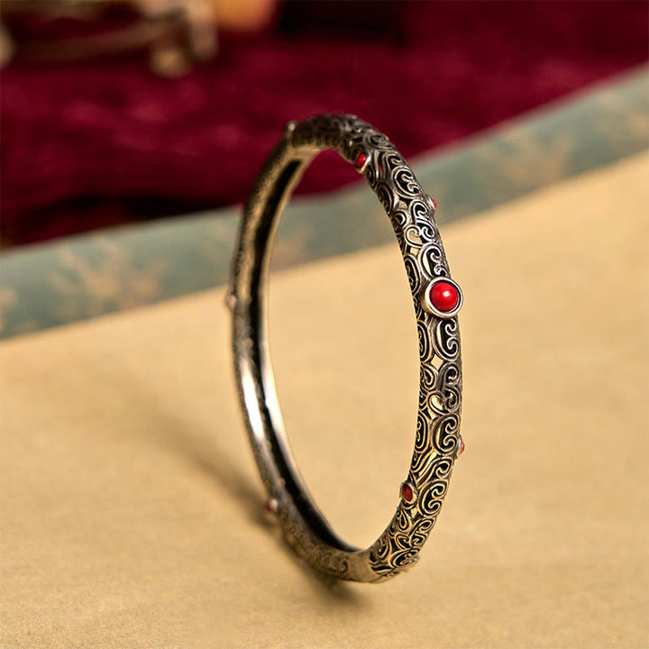 Brazalete de pulsera de la suerte de cobre con ágata roja grabada con diseño de flor de la dinastía Tang Vintage