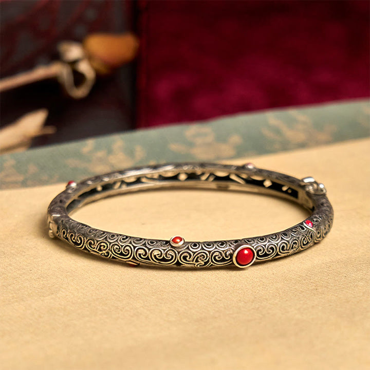 Brazalete de pulsera de la suerte de cobre con ágata roja grabada con diseño de flor de la dinastía Tang Vintage