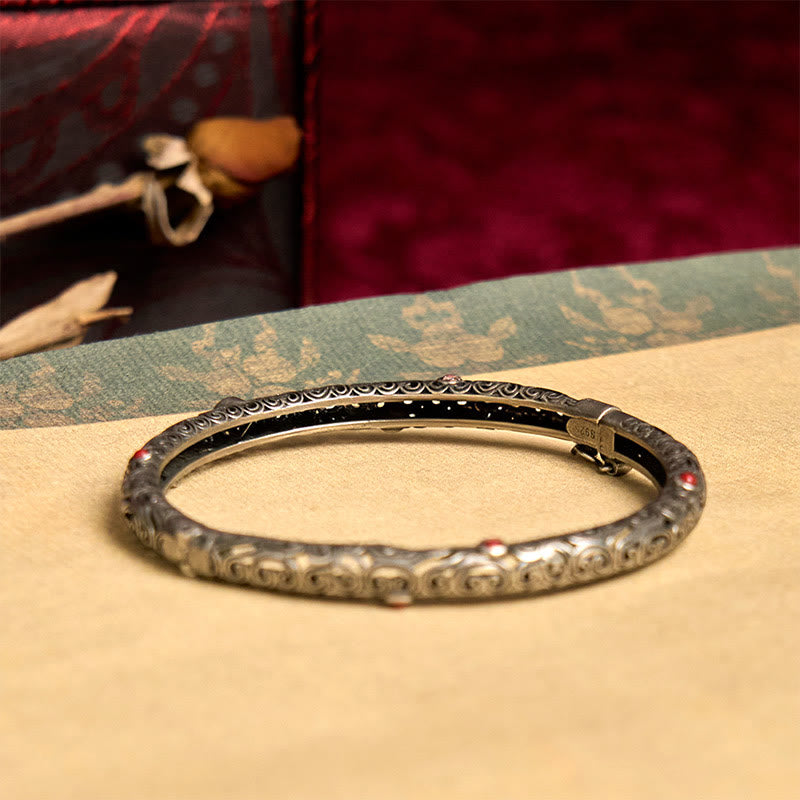 Brazalete de pulsera de la suerte de cobre con ágata roja grabada con diseño de flor de la dinastía Tang Vintage