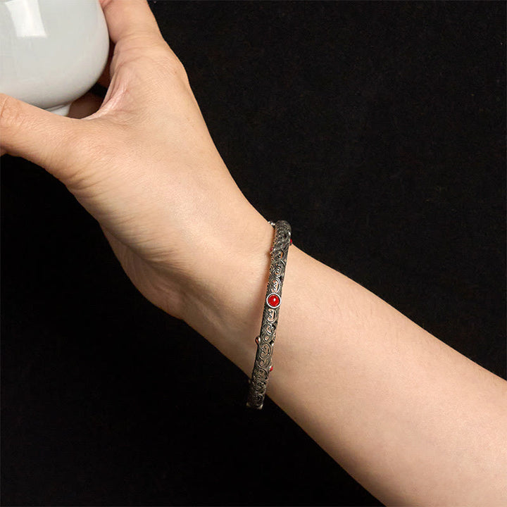 Brazalete de pulsera de la suerte de cobre con ágata roja grabada con diseño de flor de la dinastía Tang Vintage