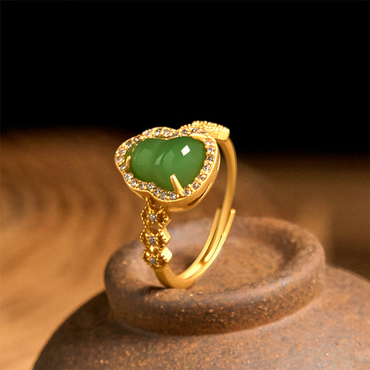 Anillo de riqueza ajustable con Buddha Stones, calabaza vintage, calcedonia verde, chapado en cobre y oro