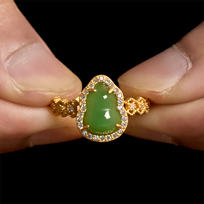 Anillo de riqueza ajustable con Buddha Stones, calabaza vintage, calcedonia verde, chapado en cobre y oro