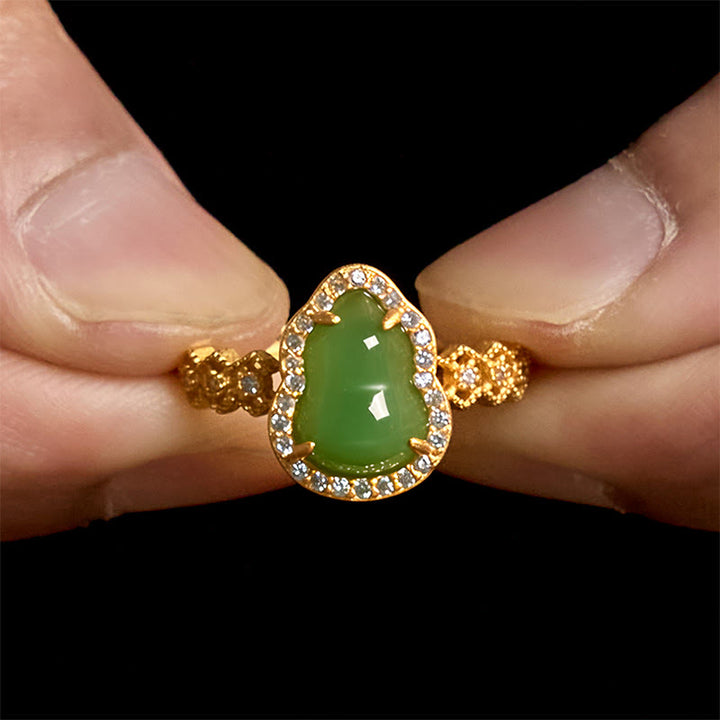 Anillo de riqueza ajustable con Buddha Stones, calabaza vintage, calcedonia verde, chapado en cobre y oro