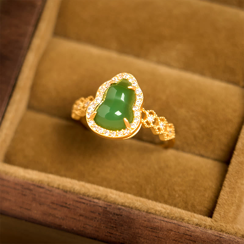 Anillo de riqueza ajustable con Buddha Stones, calabaza vintage, calcedonia verde, chapado en cobre y oro