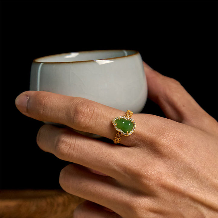 Anillo de riqueza ajustable con Buddha Stones, calabaza vintage, calcedonia verde, chapado en cobre y oro