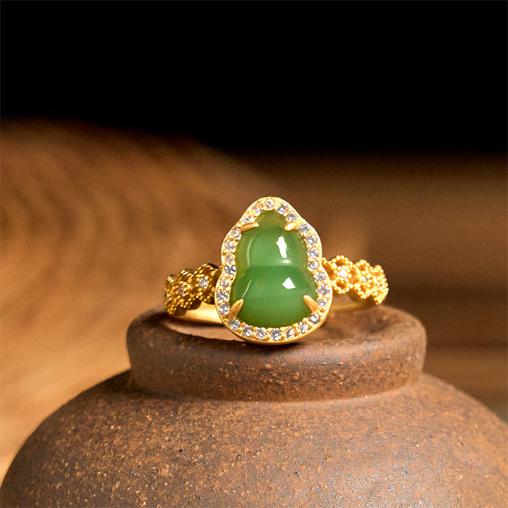 Anillo de riqueza ajustable con Buddha Stones, calabaza vintage, calcedonia verde, chapado en cobre y oro