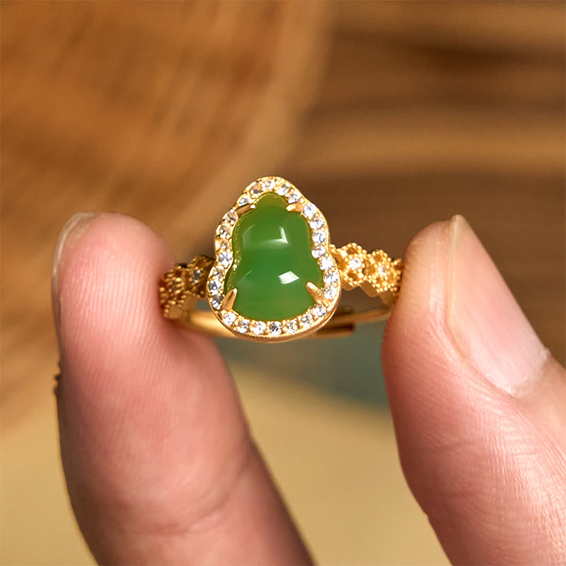Anillo de riqueza ajustable con Buddha Stones, calabaza vintage, calcedonia verde, chapado en cobre y oro