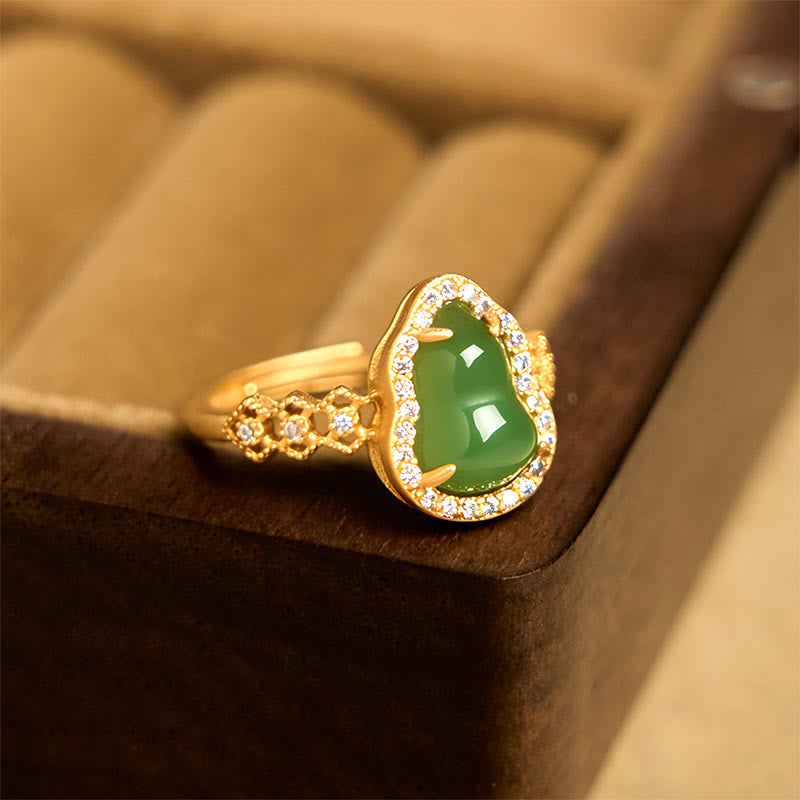Anillo de riqueza ajustable con Buddha Stones, calabaza vintage, calcedonia verde, chapado en cobre y oro