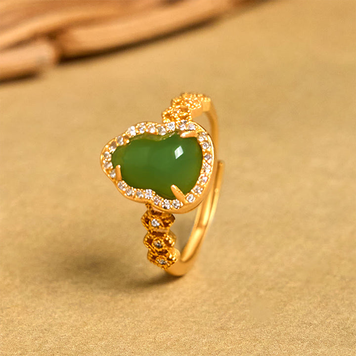 Anillo de riqueza ajustable con Buddha Stones, calabaza vintage, calcedonia verde, chapado en cobre y oro