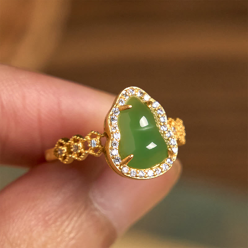Anillo de riqueza ajustable con Buddha Stones, calabaza vintage, calcedonia verde, chapado en cobre y oro