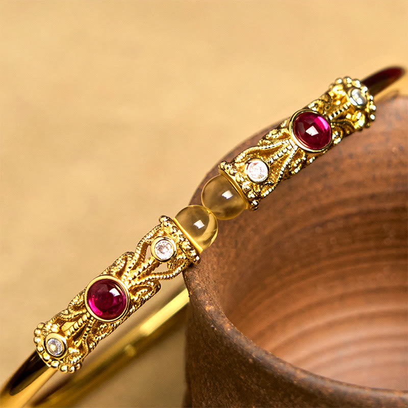 Brazalete de la suerte con Buddha Stones, diseño de flores doradas, circonita roja, ámbar y cobre - image 5