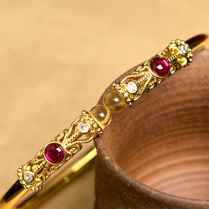Brazalete de la suerte con Buddha Stones, diseño de flores doradas, circonita roja, ámbar y cobre - image 5