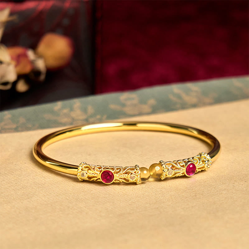 Brazalete de la suerte con Buddha Stones, diseño de flores doradas, circonita roja, ámbar y cobre - image 3