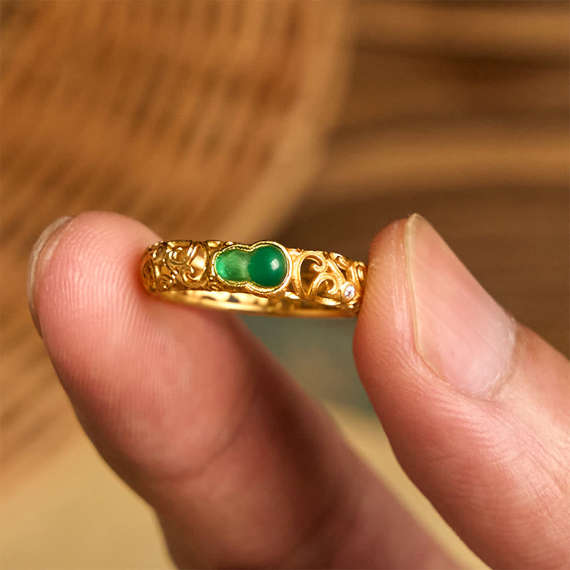 Anillo de riqueza de aleación de cobre y calcedonia verde con calabaza vintage y Buddha Stones - image 10