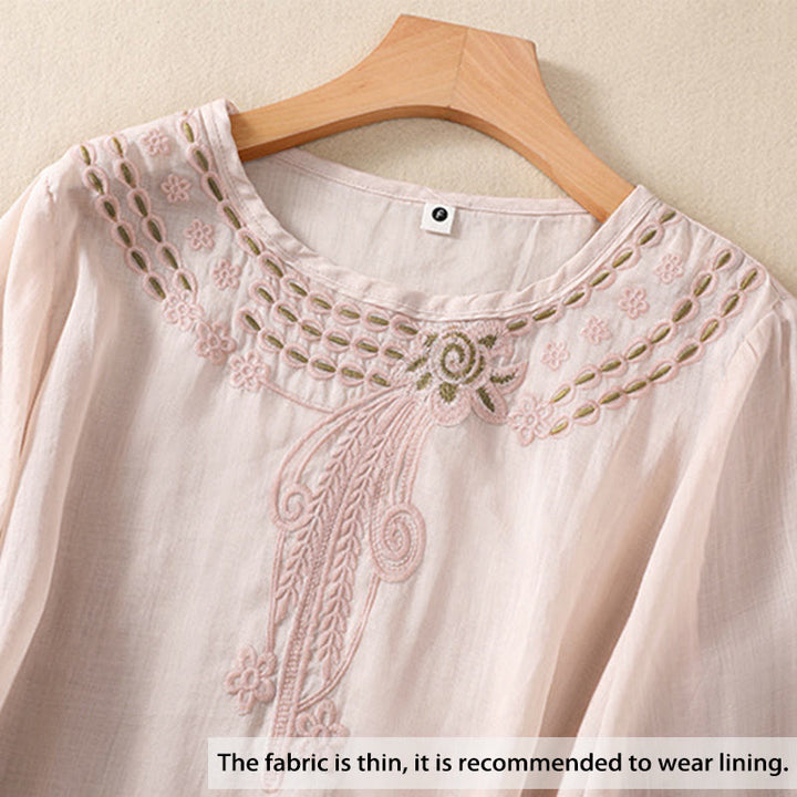 Camisa de lino y algodón de media manga con diseño hueco y cuello redondo para mujer de Buddha Stones - image 1