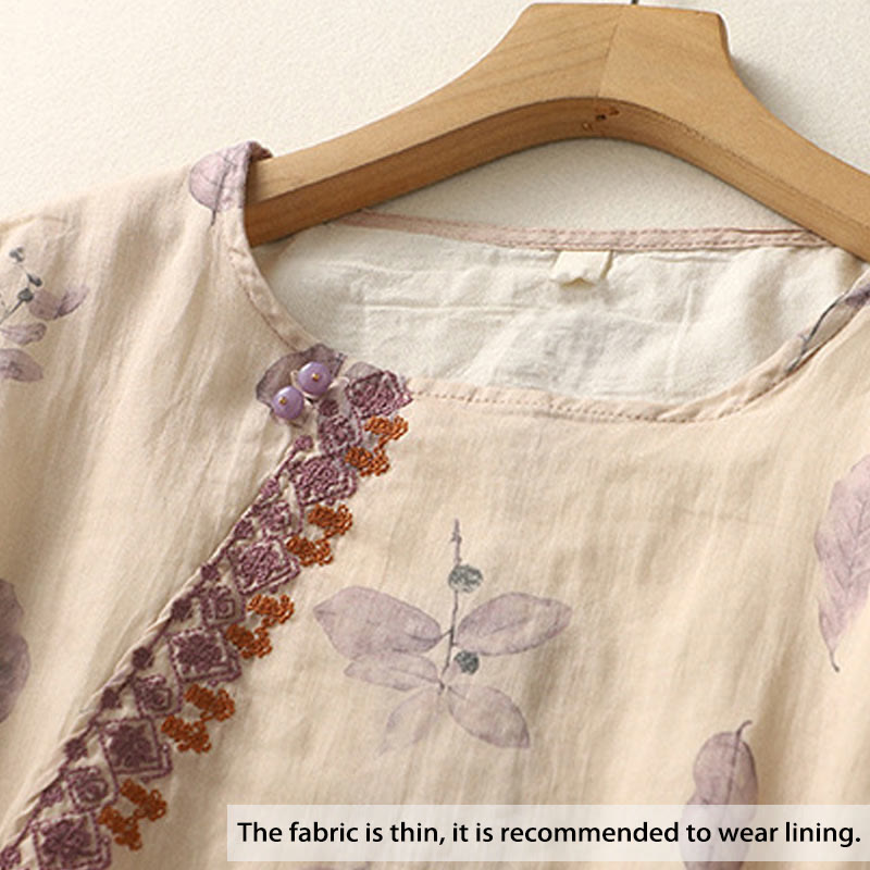 Camisa de lino y algodón para mujer, manga tres cuartos, con diseño bordado de Buddha Stones - image 1