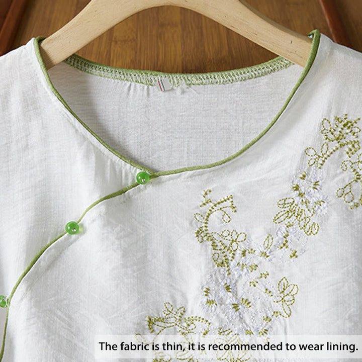 Camisa informal de lino y algodón con manga tres cuartos y diseño de flores bordadas con botones de rana para mujer - image 2