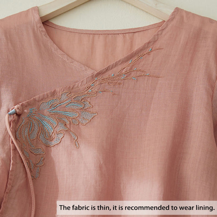 Camisa de lino y algodón con mangas tres cuartos y diseño de plantas bordadas para mujer con Buddha Stones - image 2