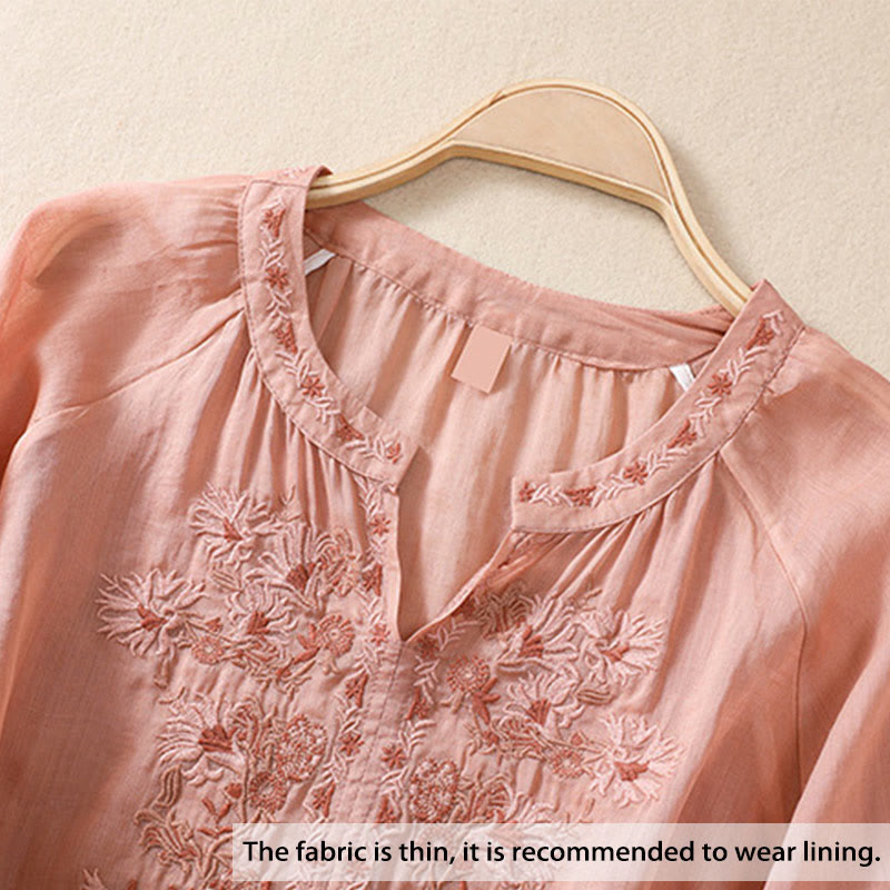 Camisa de lino y algodón para mujer con diseño bordado de Buddha Stones y manga tres cuartos  - image 2