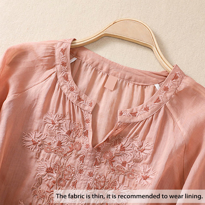 Camisa de lino y algodón para mujer con diseño bordado de Buddha Stones y manga tres cuartos  - image 2