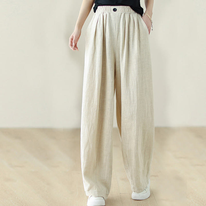 Pantalones de algodón y lino con cintura elástica y bolsillos para mujer con diseño de botones Buddha Stones Commute - image 16