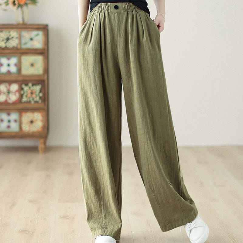 Pantalones de algodón y lino con cintura elástica y bolsillos para mujer con diseño de botones Buddha Stones Commute - image 6