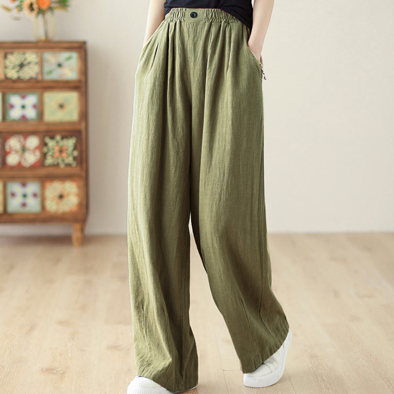 Pantalones de algodón y lino con cintura elástica y bolsillos para mujer con diseño de botones Buddha Stones Commute - Verde oliva - US12, UK/AU16, EU44 (3XL) - image 3