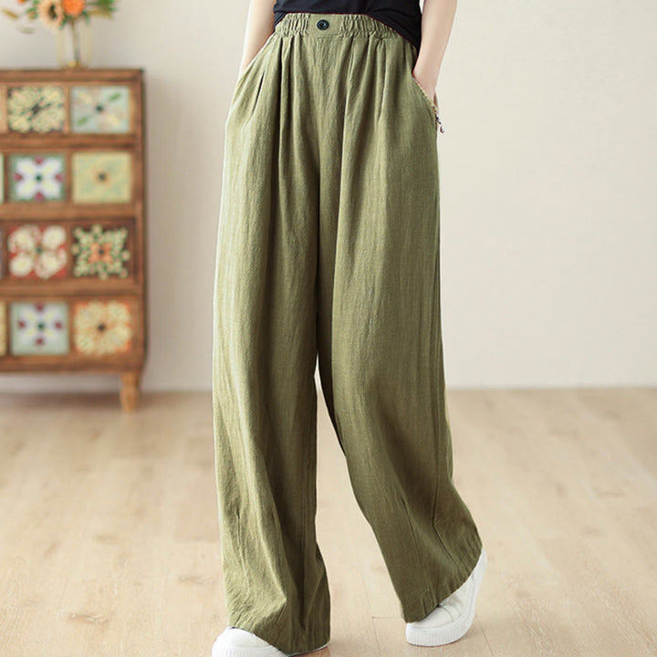 Pantalones de algodón y lino con cintura elástica y bolsillos para mujer con diseño de botones Buddha Stones Commute - Verde oliva - US12, UK/AU16, EU44 (3XL) - image 2