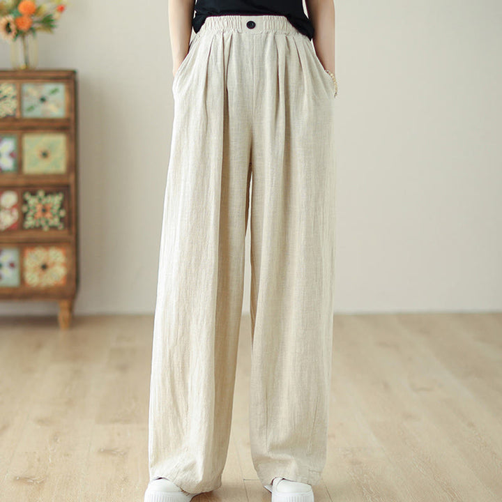 Pantalones de algodón y lino con cintura elástica y bolsillos para mujer con diseño de botones Buddha Stones Commute - image 15