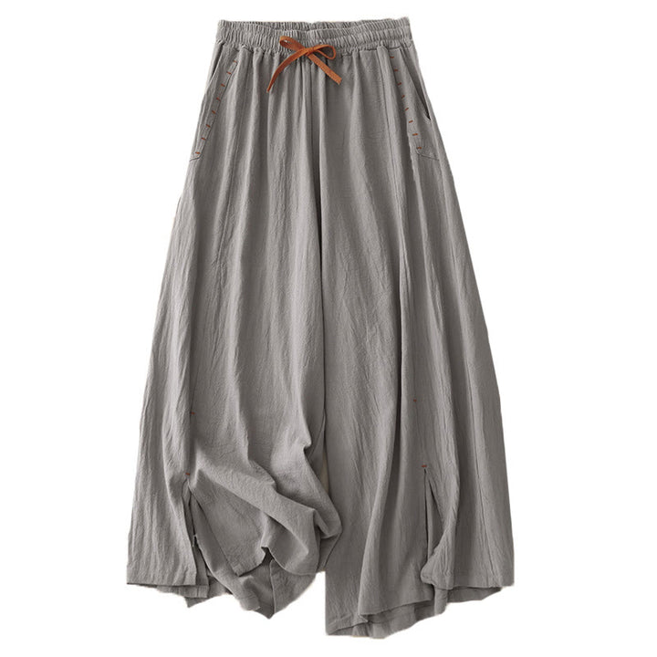 Pantalones de mujer de algodón y lino con diseño casual de Buddha Stones, aberturas laterales, pernera ancha, largo 7-8, con bolsillos. - image 14