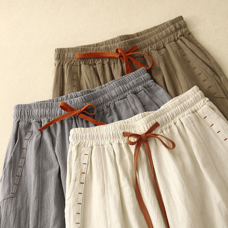 Pantalones de mujer de algodón y lino con diseño casual de Buddha Stones, aberturas laterales, pernera ancha, largo 7-8, con bolsillos. - image 15