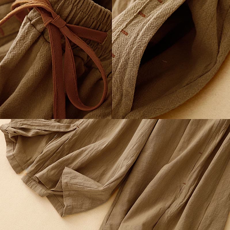 Pantalones de mujer de algodón y lino con diseño casual de Buddha Stones, aberturas laterales, pernera ancha, largo 7-8, con bolsillos. - image 2