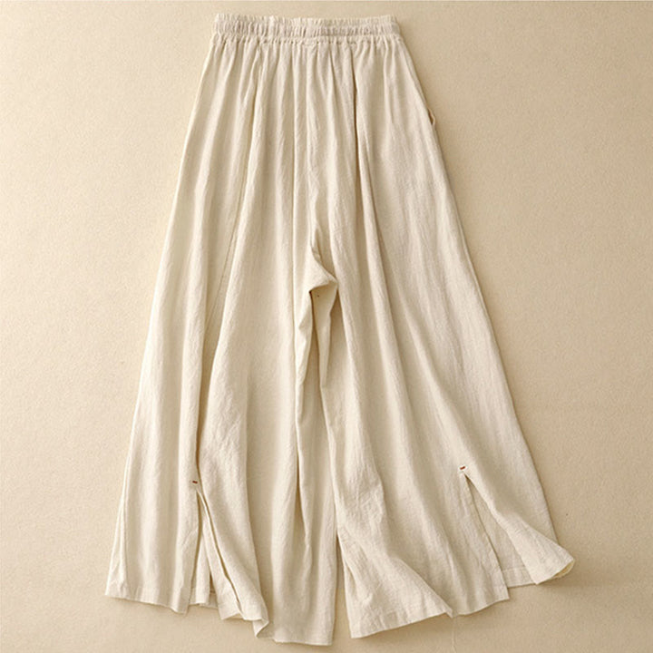 Pantalones de mujer de algodón y lino con diseño casual de Buddha Stones, aberturas laterales, pernera ancha, largo 7-8, con bolsillos. - image 4