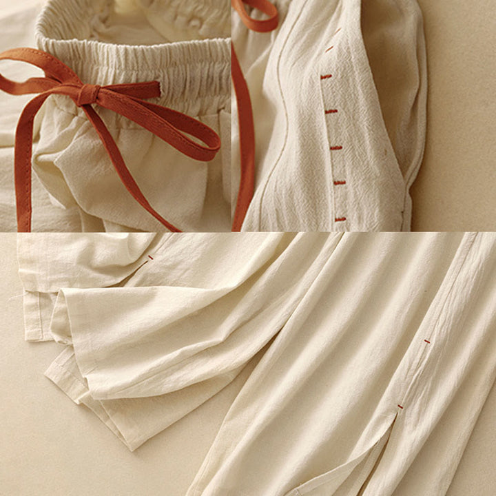 Pantalones de mujer de algodón y lino con diseño casual de Buddha Stones, aberturas laterales, pernera ancha, largo 7-8, con bolsillos. - image 9