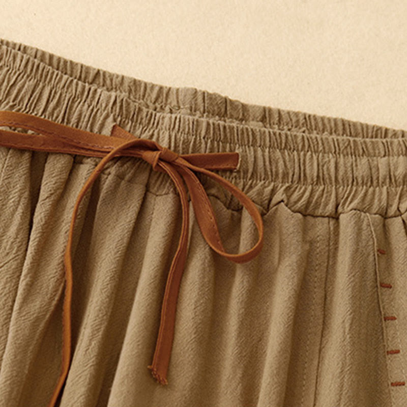 Pantalones de mujer de algodón y lino con diseño casual de Buddha Stones, aberturas laterales, pernera ancha, largo 7-8, con bolsillos. - image 1