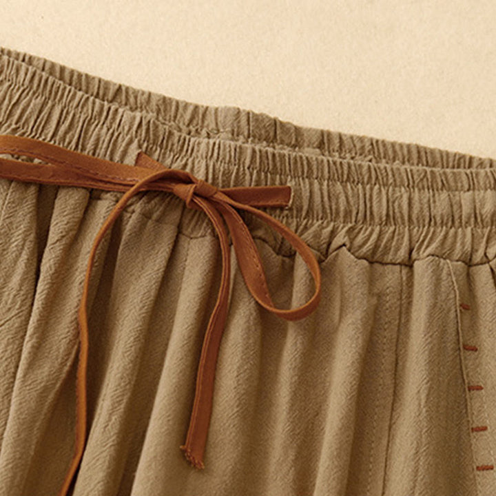 Pantalones de mujer de algodón y lino con diseño casual de Buddha Stones, aberturas laterales, pernera ancha, largo 7-8, con bolsillos. - image 1