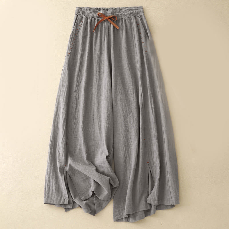 Pantalones de mujer de algodón y lino con diseño casual de Buddha Stones, aberturas laterales, pernera ancha, largo 7-8, con bolsillos. - Gris oscuro - US8-10，UK/AU12-14，EU40-42 (2XL) - image 10