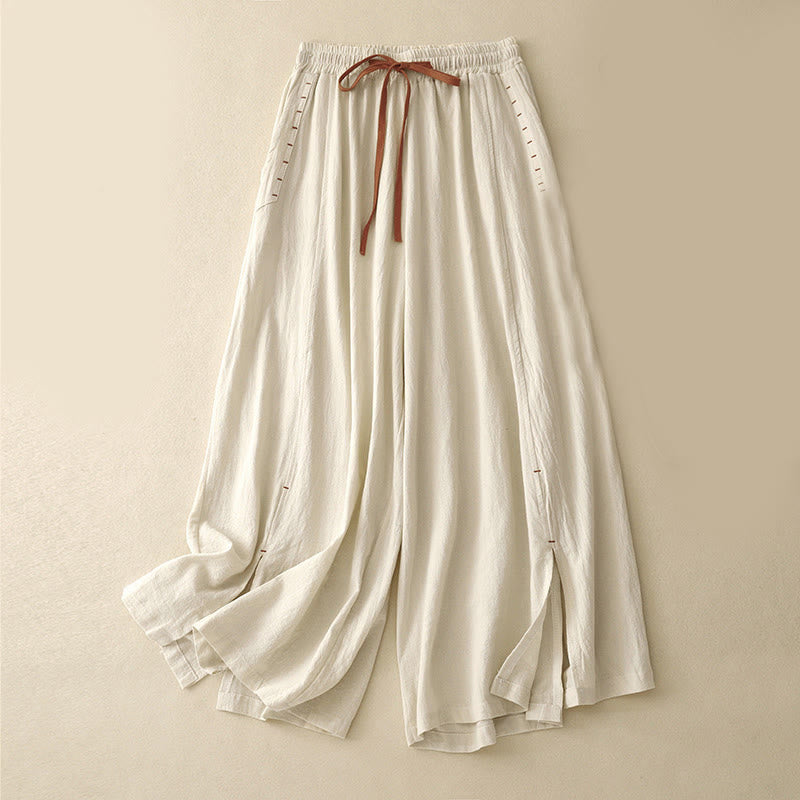 Pantalones de mujer de algodón y lino con diseño casual de Buddha Stones, aberturas laterales, pernera ancha, largo 7-8, con bolsillos. - seda de maíz - US8-10，UK/AU12-14，EU40-42 (2XL) - image 3