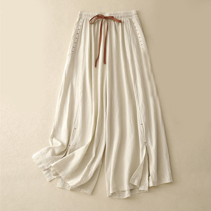 Pantalones de mujer de algodón y lino con diseño casual de Buddha Stones, aberturas laterales, pernera ancha, largo 7-8, con bolsillos. - seda de maíz - US8-10，UK/AU12-14，EU40-42 (2XL) - image 3