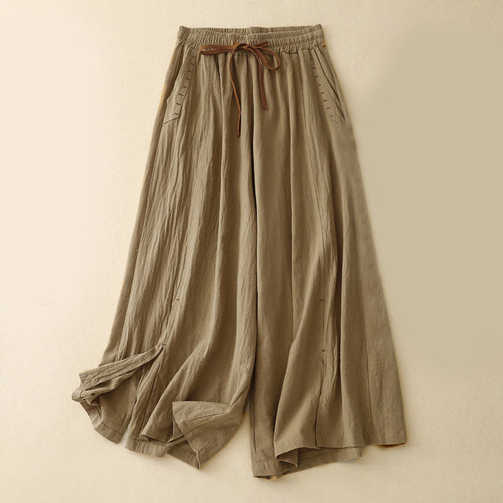 Pantalones de mujer de algodón y lino con diseño casual de Buddha Stones, aberturas laterales, pernera ancha, largo 7-8, con bolsillos. - Vara de oro oscura - US8-10，UK/AU12-14，EU40-42 (2XL) - image 0