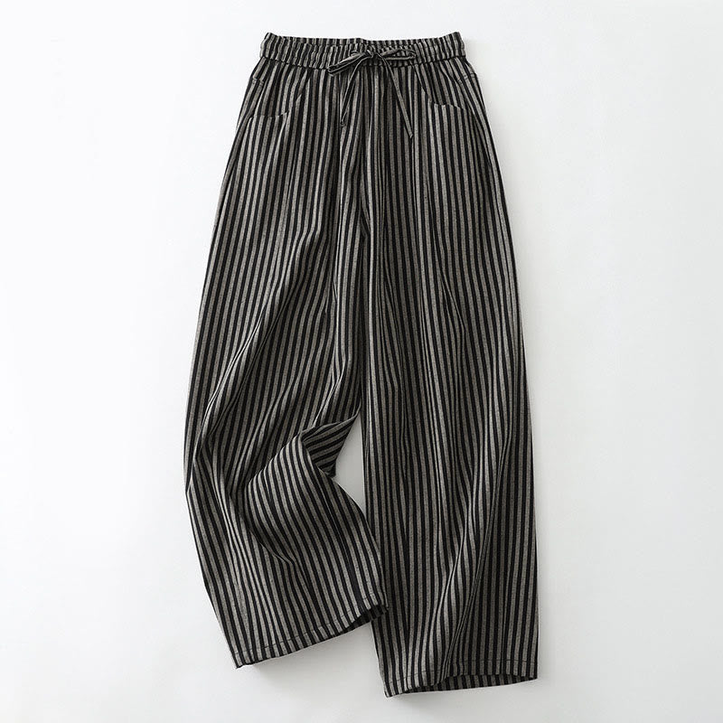 Pantalones de algodón de pierna ancha con diseño de cordón a rayas y bolsillos para mujer de Buddha Stones Commute - Negro - US8-10，UK/AU12-14，EU40-42 (2XL) - image 1