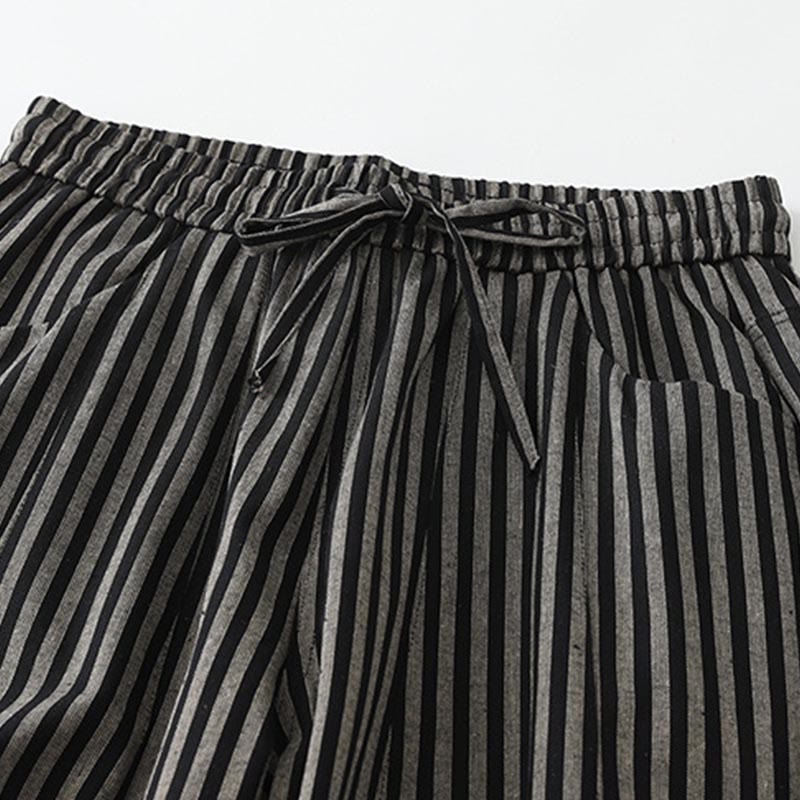 Pantalones de algodón de pierna ancha con diseño de cordón a rayas y bolsillos para mujer de Buddha Stones Commute - image 2