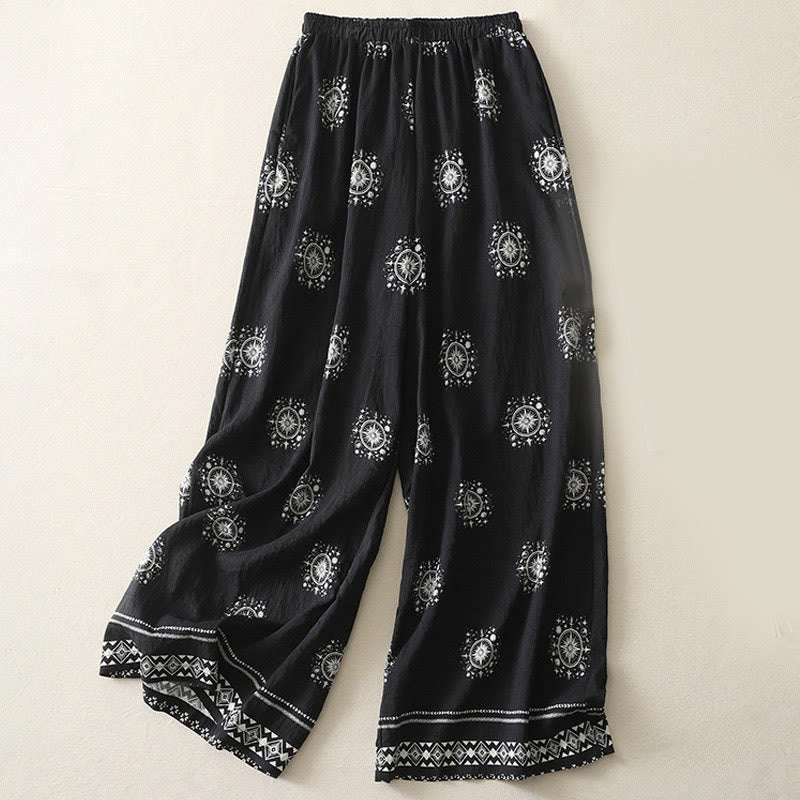Pantalones anchos de algodón para mujer con estampado bohemio de Buddha Stones y patrón celestial con bolsillos - Negro - US8-10，UK/AU12-14，EU40-42 (2XL) - image 0